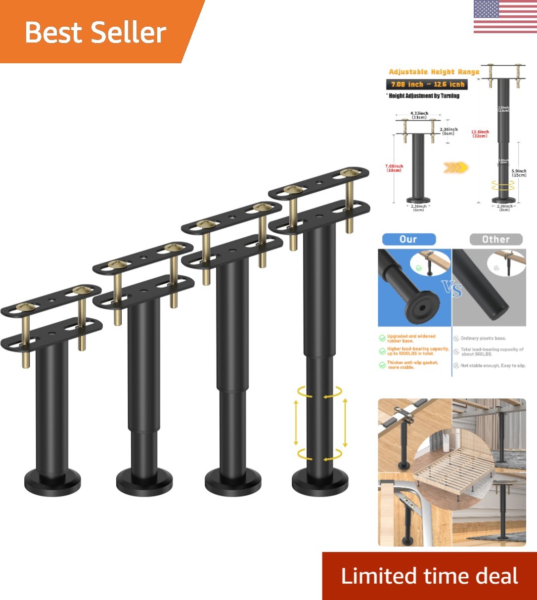 4 Heavy-Duty Adjustable Bed Support Legs (7.08-12.6in) for Stability & Strength