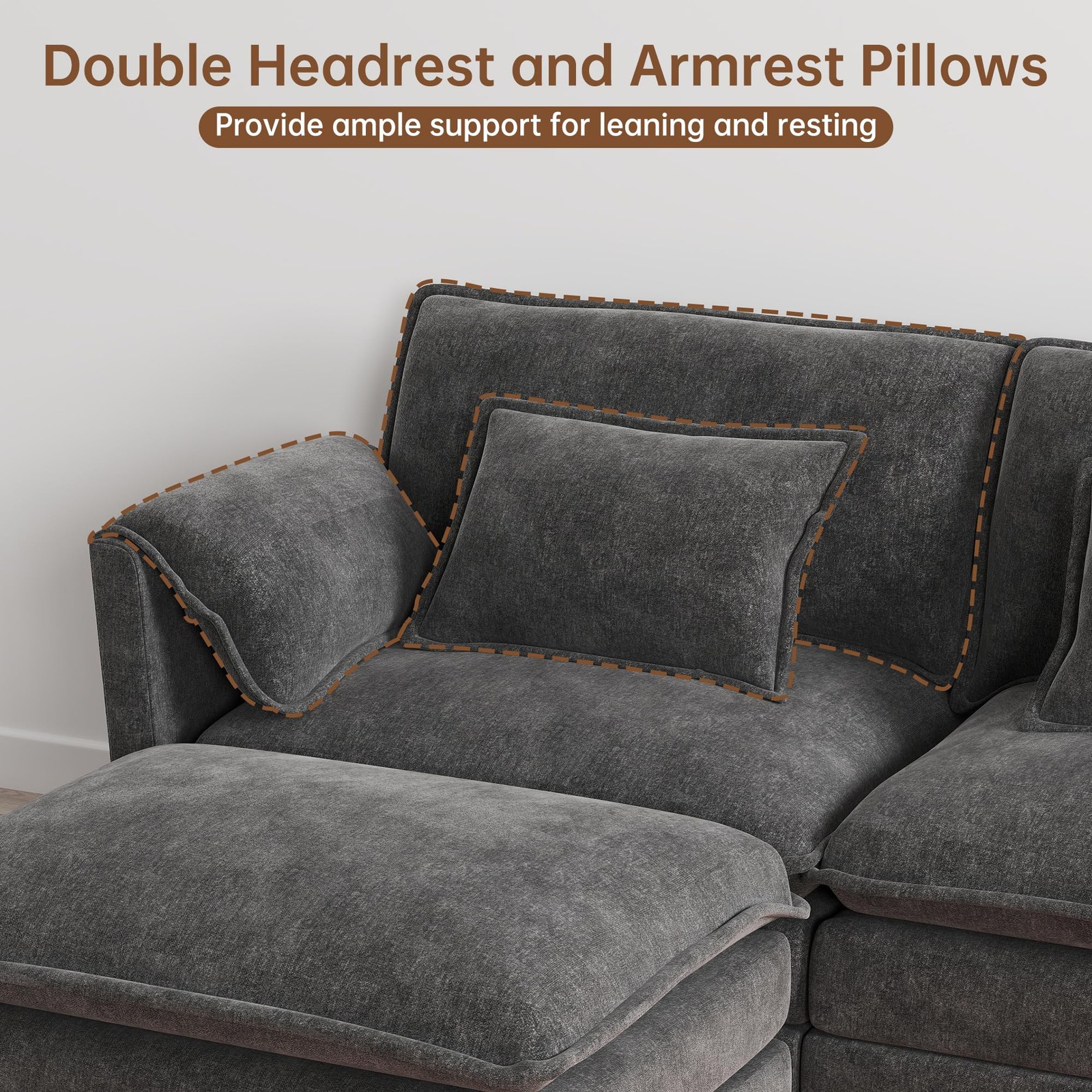 34.9in Modular Sectional Single Seat No Armrest w/ Ottoman Chenille Dark Gray