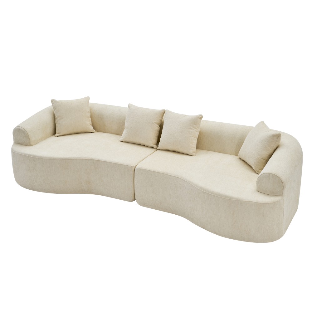 Curved Boneless Sofa,Compression Modular 108” Sectional,White High-Density