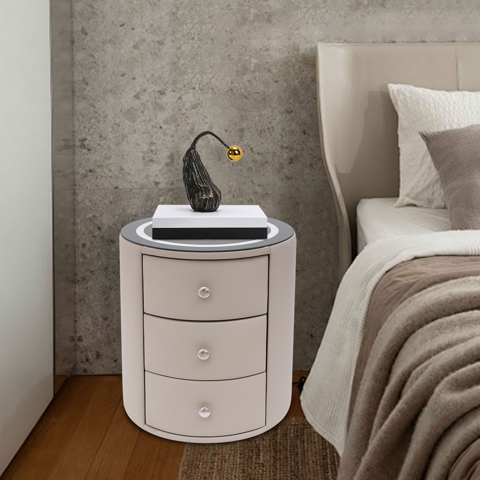 Wireless Charging Nightstand Modern Bedside Table with 3 Drawers & LED Light