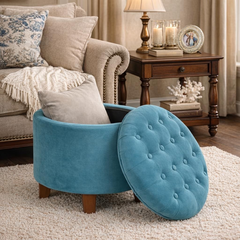 Homepop Round Velvet Tufted Ottoman Upholstered Foot Rest Accent Stool