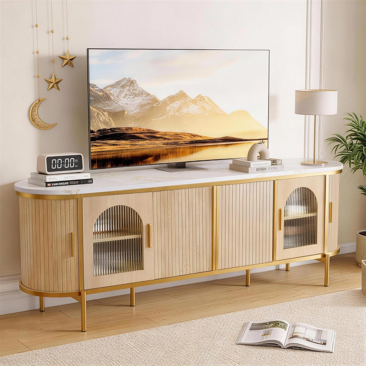 Mid Century Modern 70″ TV Stand with Sliding Doors & Faux Marble Top, Oak