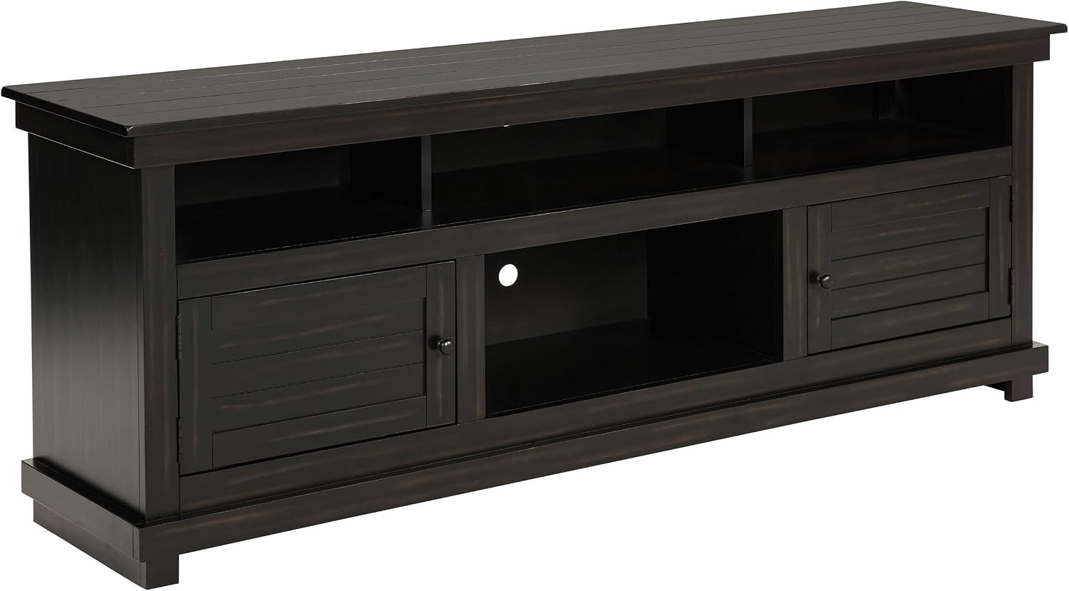 Payne 70-Inch Farmhouse TV Stand with Cabinets and Open Shelves – Distressed Jav