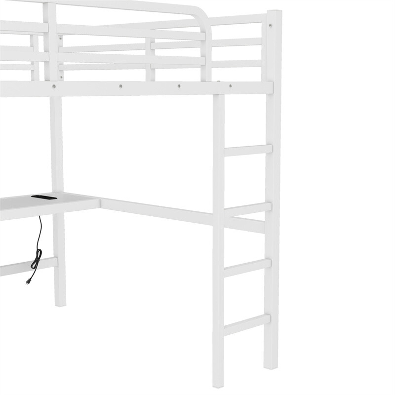 Metal Queen Size Loft Bed w/Power Outlet and LED Lighted Space-Saving Bed Frame