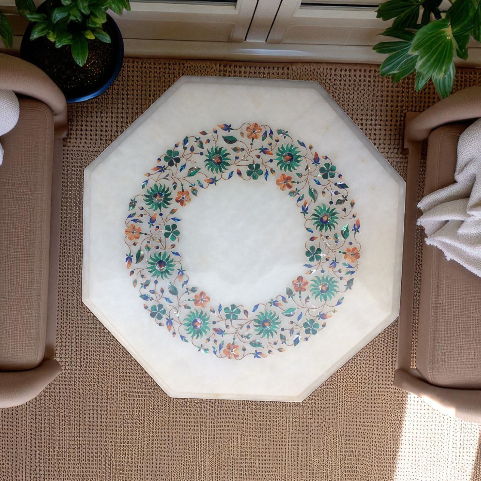 15″ White Marble Inlay Multi Stone Octagon Coffee Table Top Modern Garden Decors