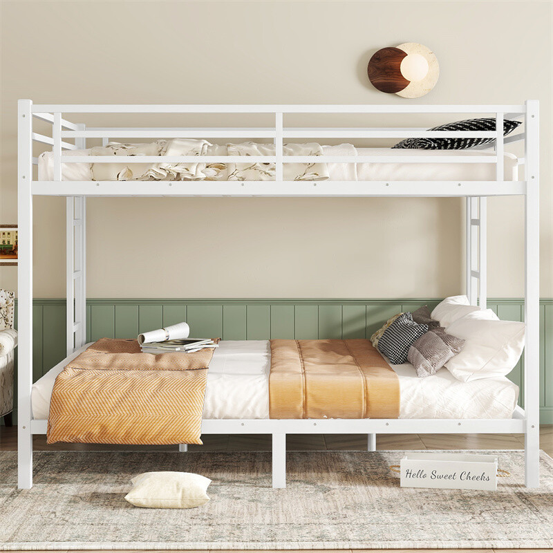 Metal Queen Over Queen Bunk Bed for Teen and Adults Space-Saving – White