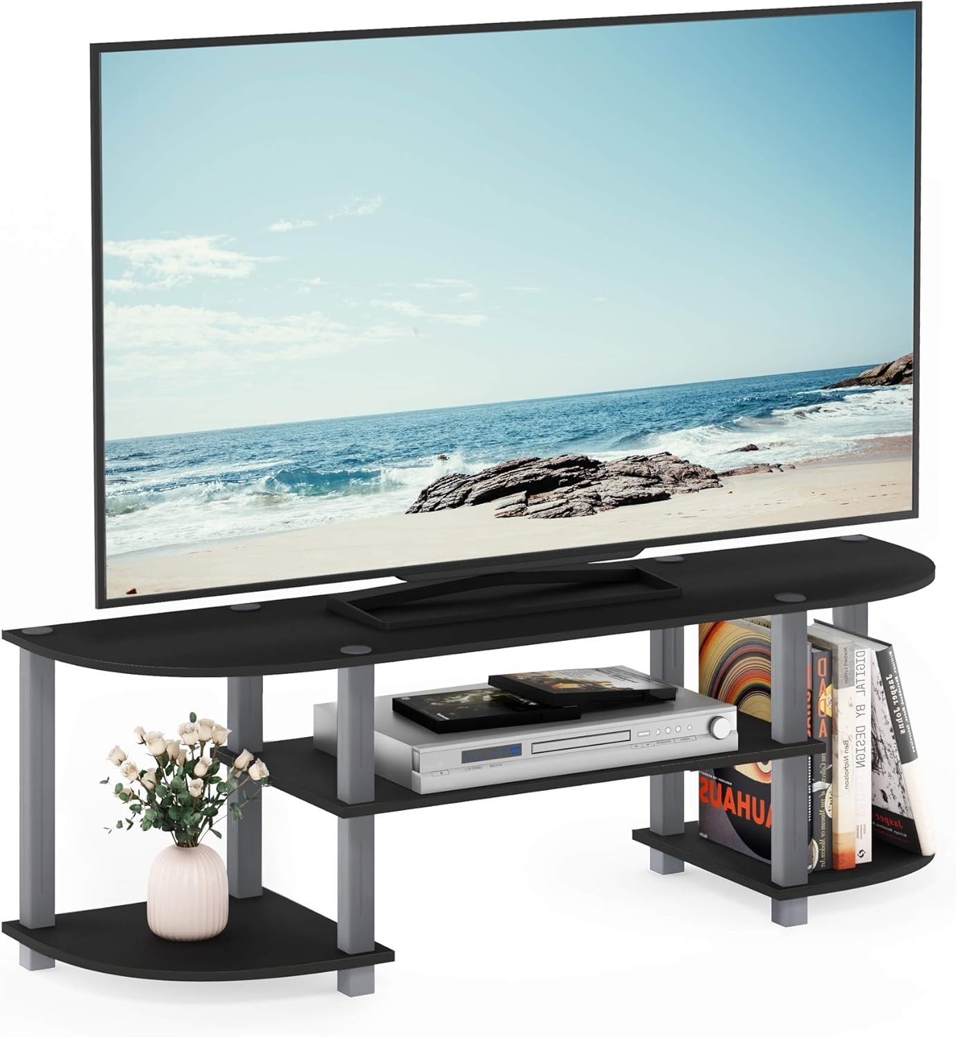 Stylish Wide TV Entertainment Center with Easy 10-Minute Assembly – Black/Grey
