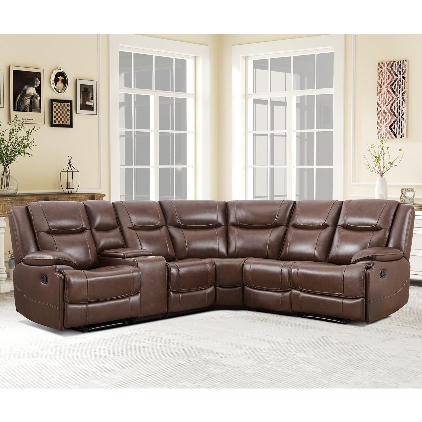 EBELLO Genuine Leather Manual Recliner Sofa Sectional Couch for Living Room