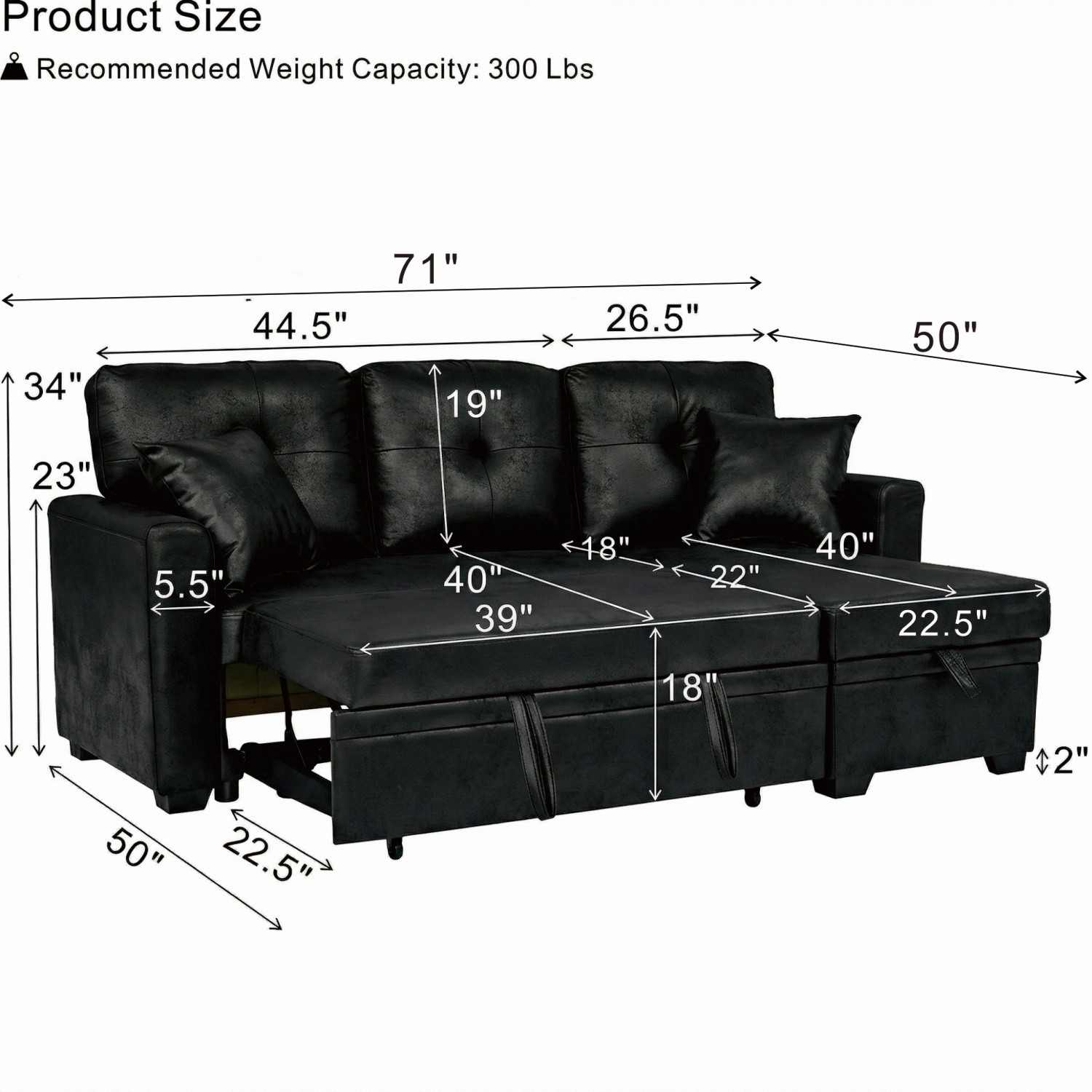 L-Shaped Sofa,Modern Sectional Sleeper Storage Pull Out Bed Reversible Chaise