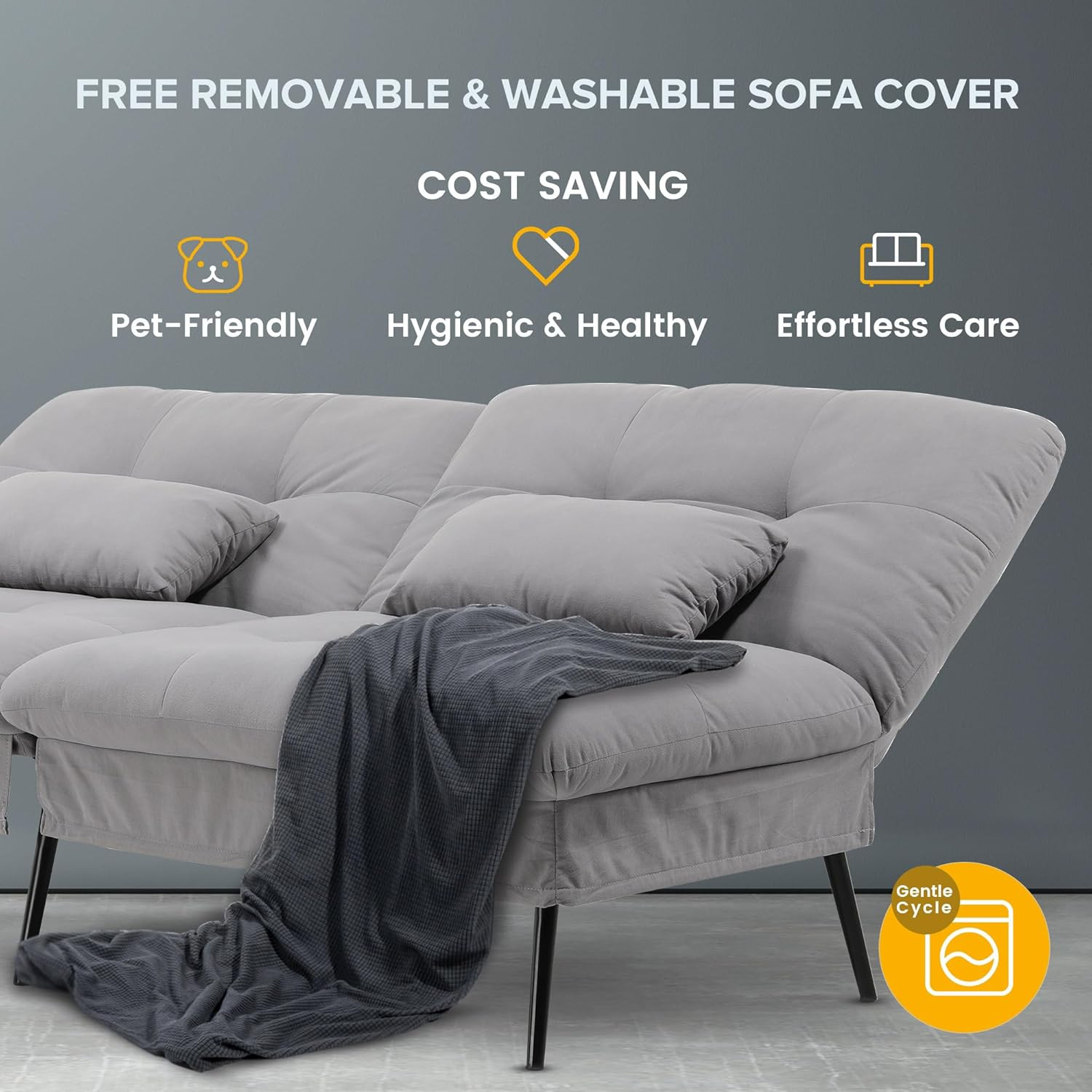 Grey Convertible Sofa Bed with Adjustable Backrest for Living Room