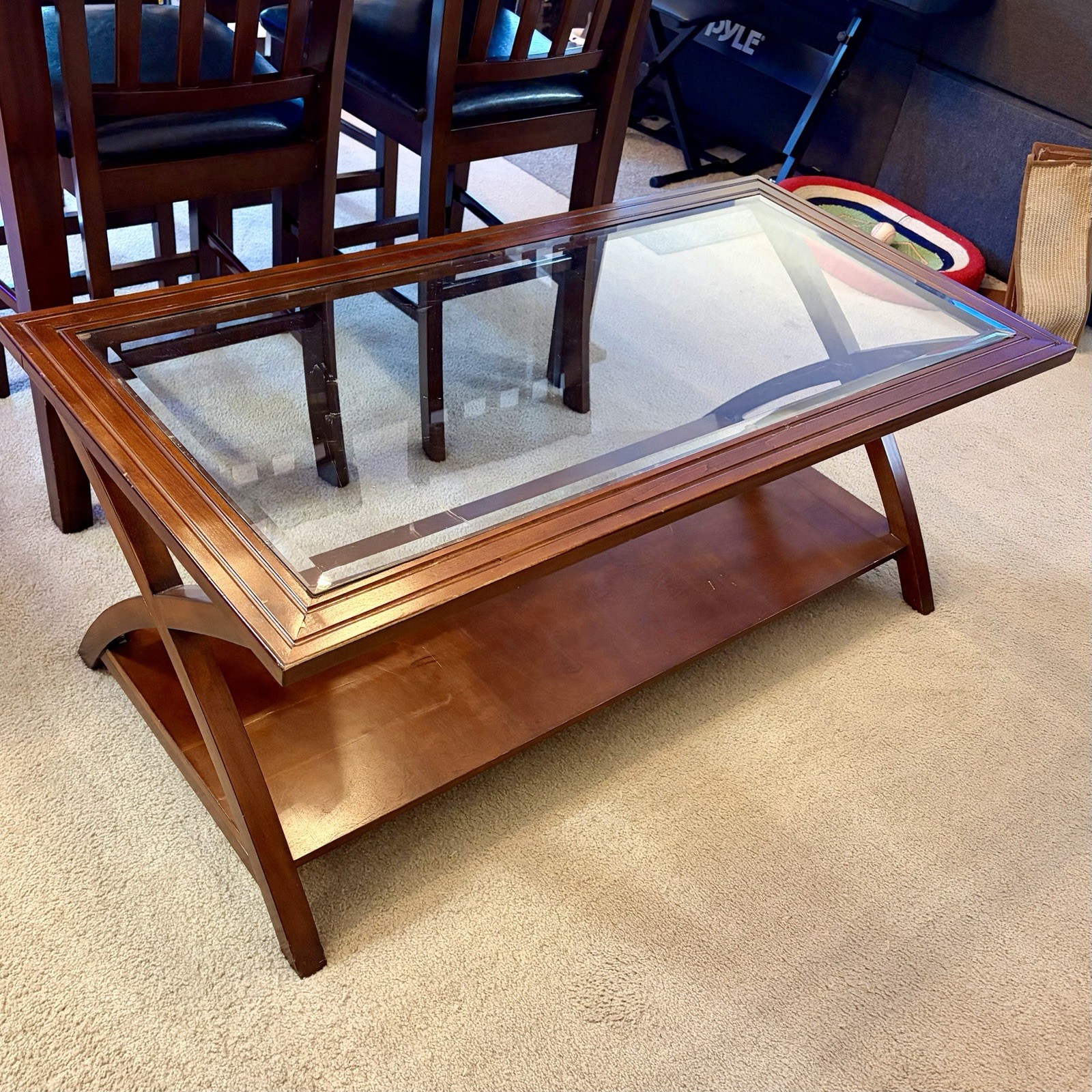 Modern Solid Wood Coffee Table w/ Tempered Glass Top 48″ Mid Century Living Room