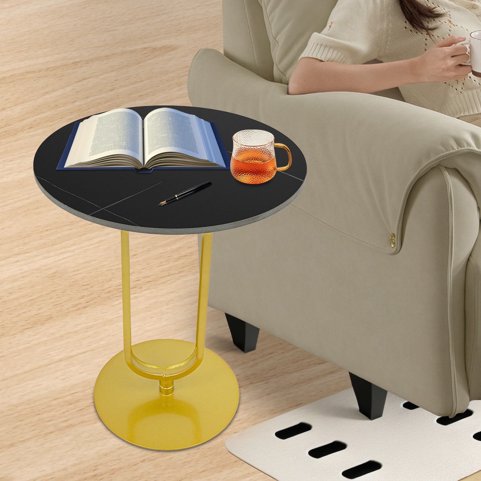 Round Rock Slab Side Table 77lbs Load Stable Base Modern Sofa End Table