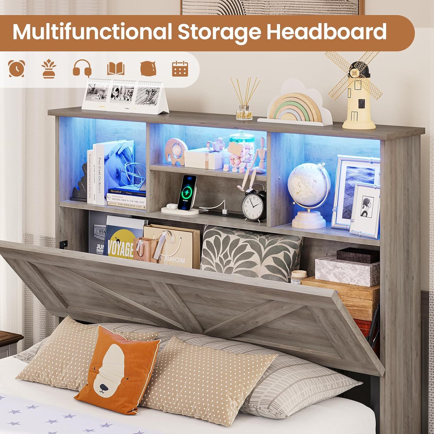 Farmhouse Bed Frame with Bookcase Storage Headboard & 4 Drawers. LED Wooden Bed