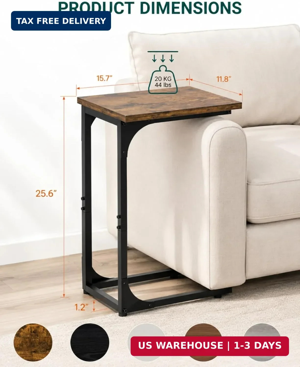 C Shaped Side Table for Couch Sofa Tray End Table Rustic Brown Metal Frame