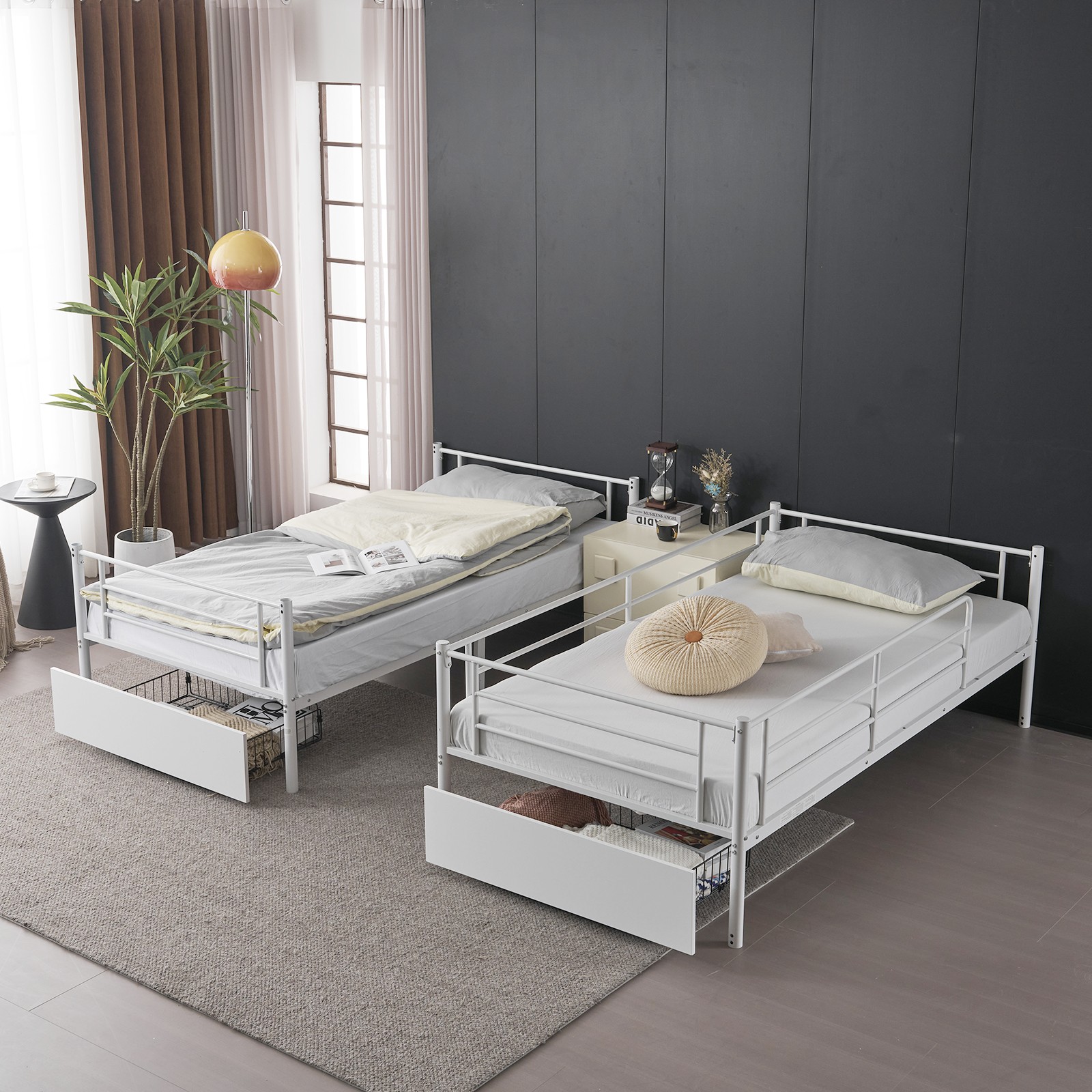 Twin Over Twin Convertible Bunk Bed with 2 Storage Drawers, Metal Bunk Bed White