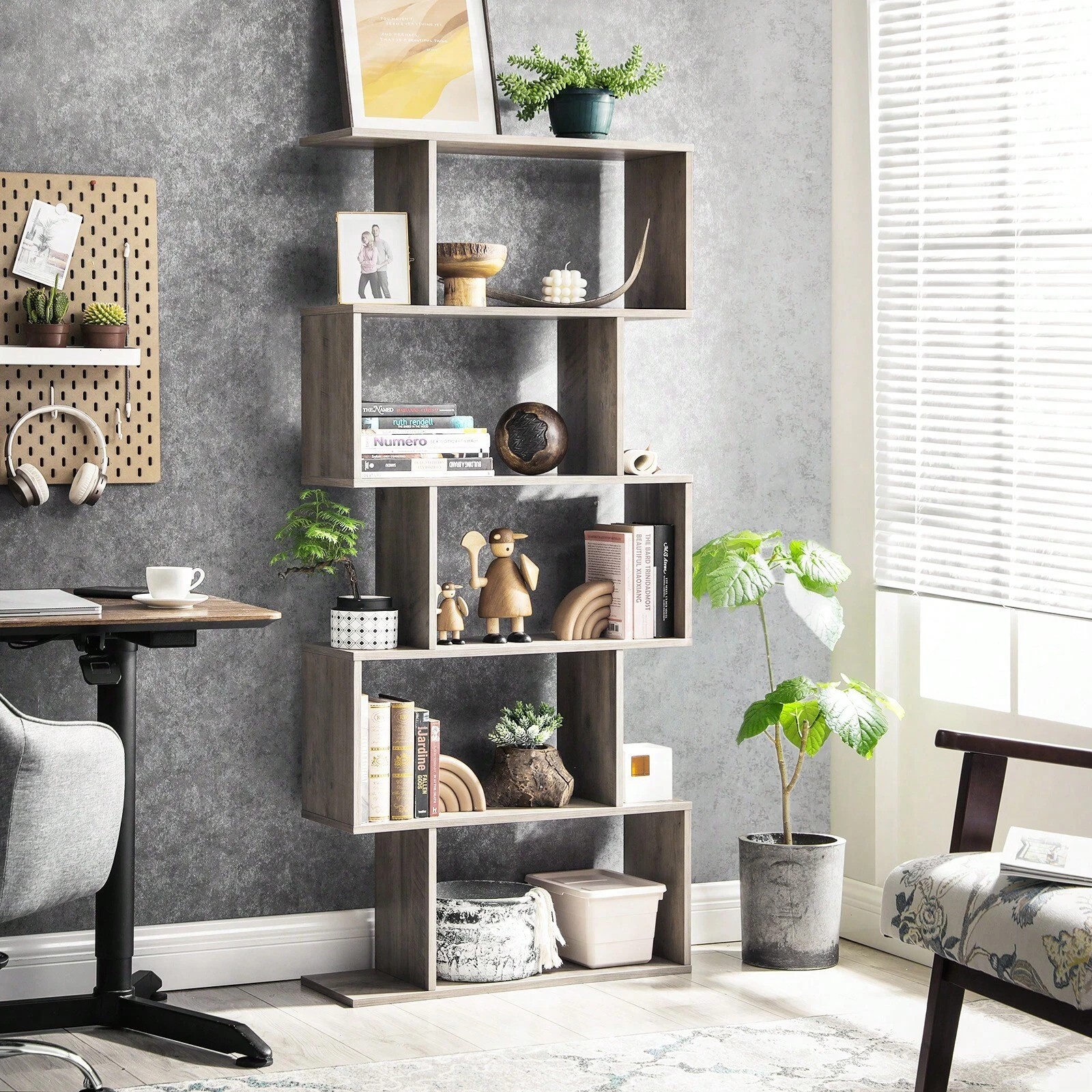 5-Tier Bookshelf Freestanding Display Shelf Room Divider Gray White