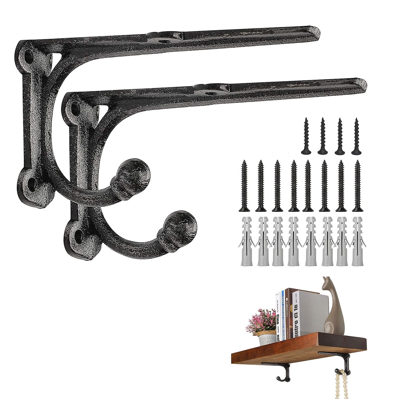 Rustic Shelf Brackets Supports Black with Hook Cast Iron Heavy Duty 6 Inch 2Pack