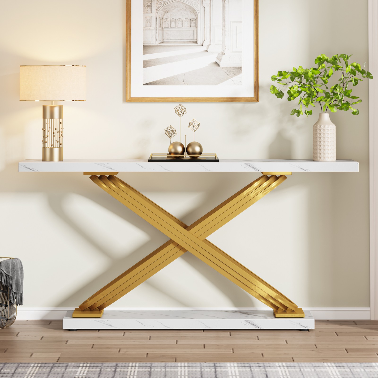 55″ White Gold Faux Marble Console Table Entryway Hallway Table with Metal Base