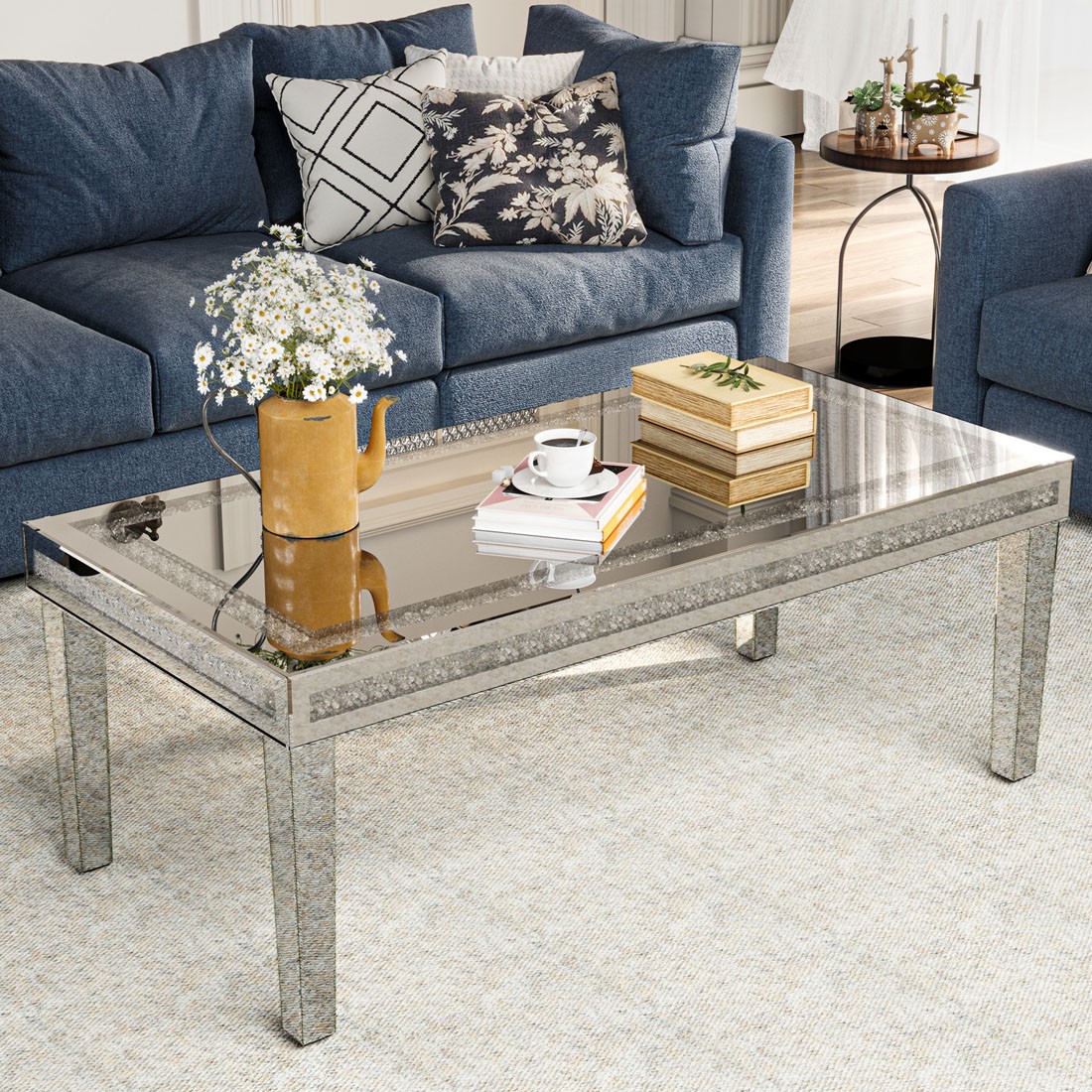 Luxury Decorative Crushed Diamond Coffee Table w/Silver Mirrored Living Room
