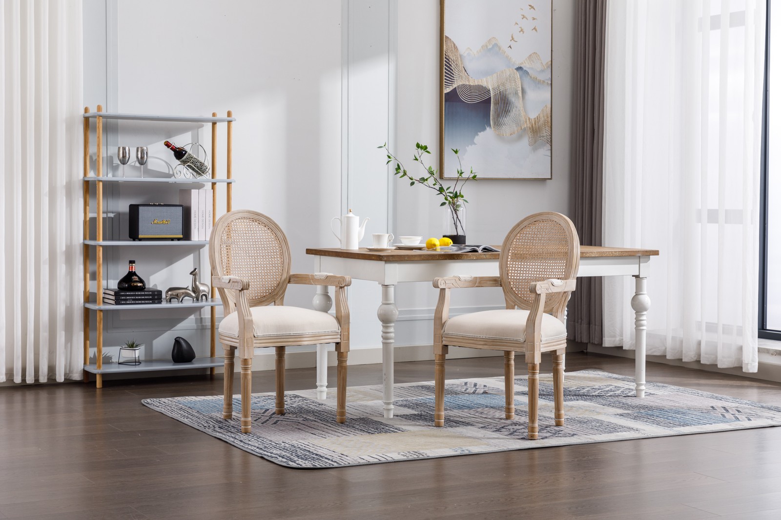 French Country Upholstered Armchair Set of 2, Beige, 21.66″L x 22.83″W