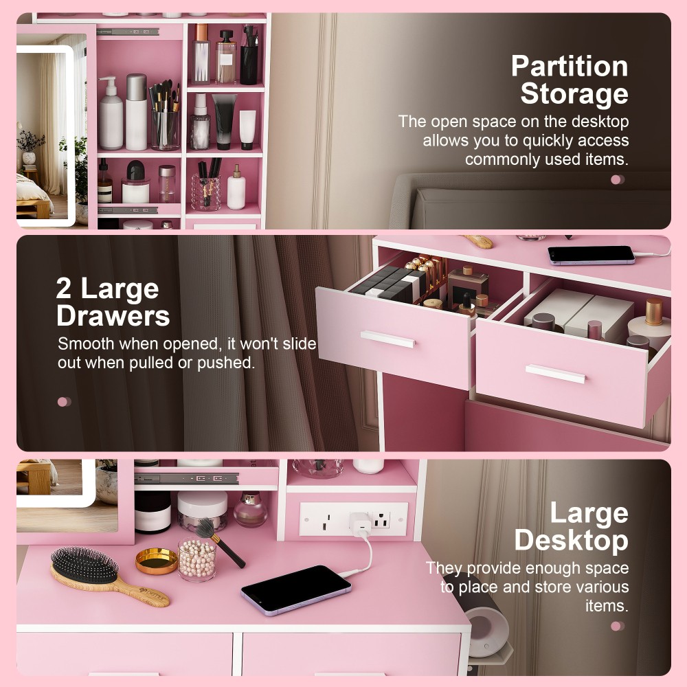 Space-Saving Vanity Table LED Mirror Built-in Power Outlet with Cushioned Stool