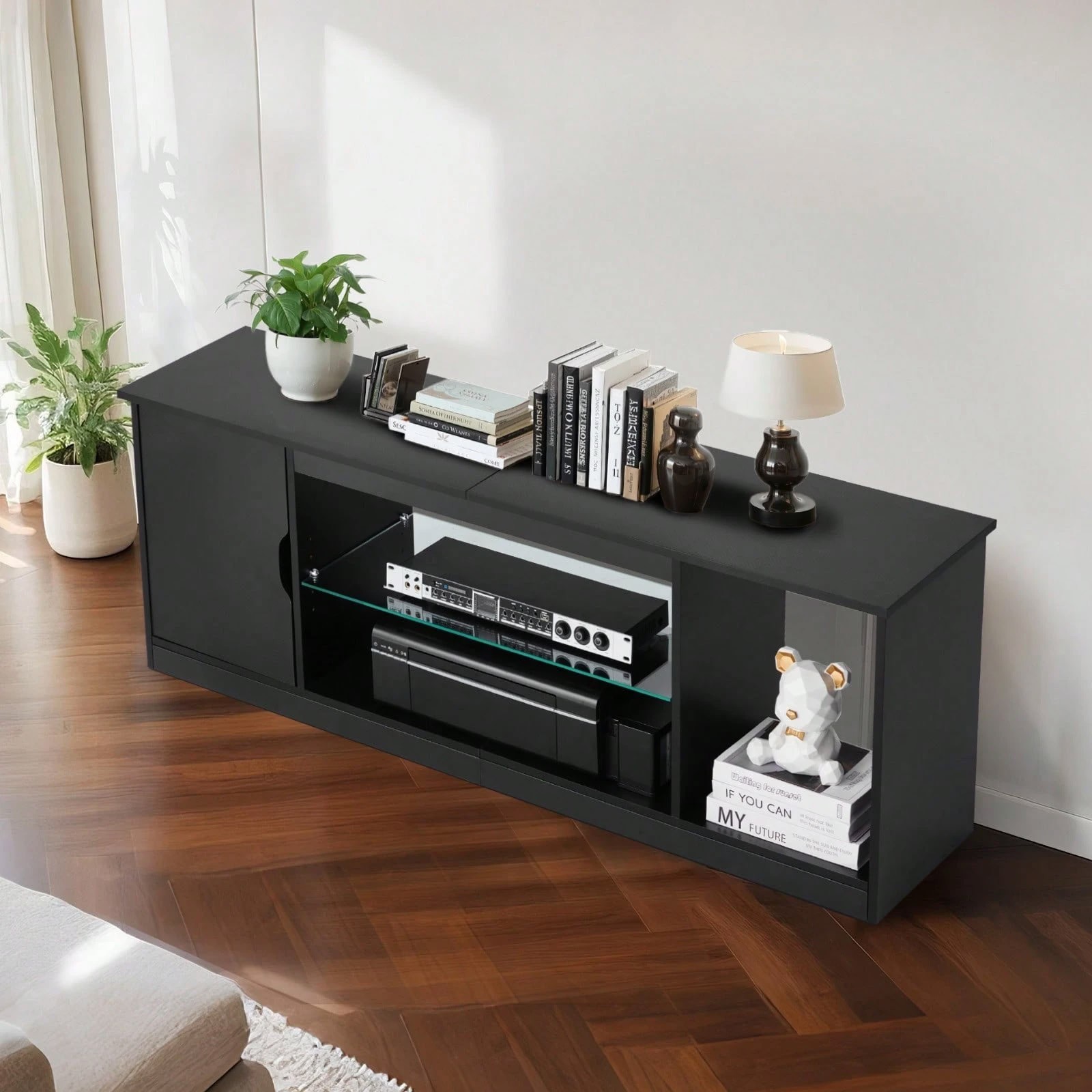 65in TV Stand with LED Lights 5-Level Glass Shelf Black