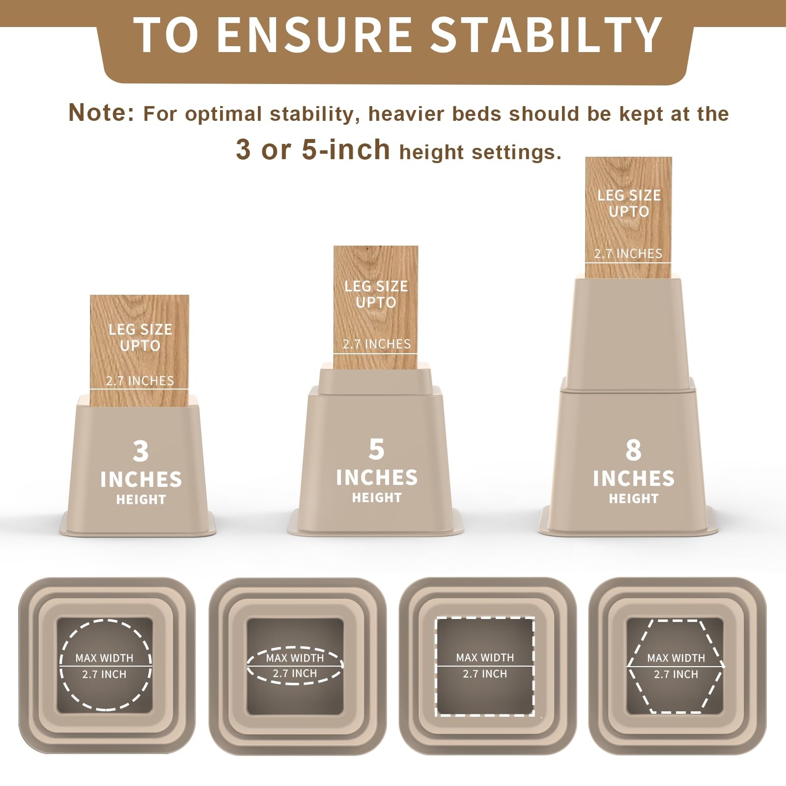 Adjustable Bed Risers 3, 5, 8 Inch Heavy Duty, Stackable Furniture Brown
