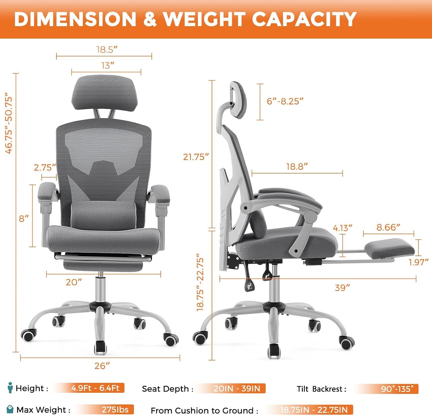Gray Home Office Desk Chair Reclining High Back Mesh Swivel Rolling Task Chair