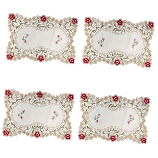 Set of 4 Flower Embroidered Placemats, Oblong 45 X 30CM(18″ X 12″) Red Rose