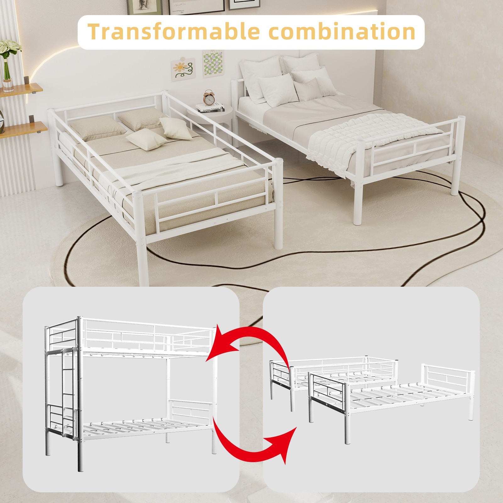 Twin Over Twin Metal Bunk Bed with Metal Structure Bedframe & Ladders for Kids