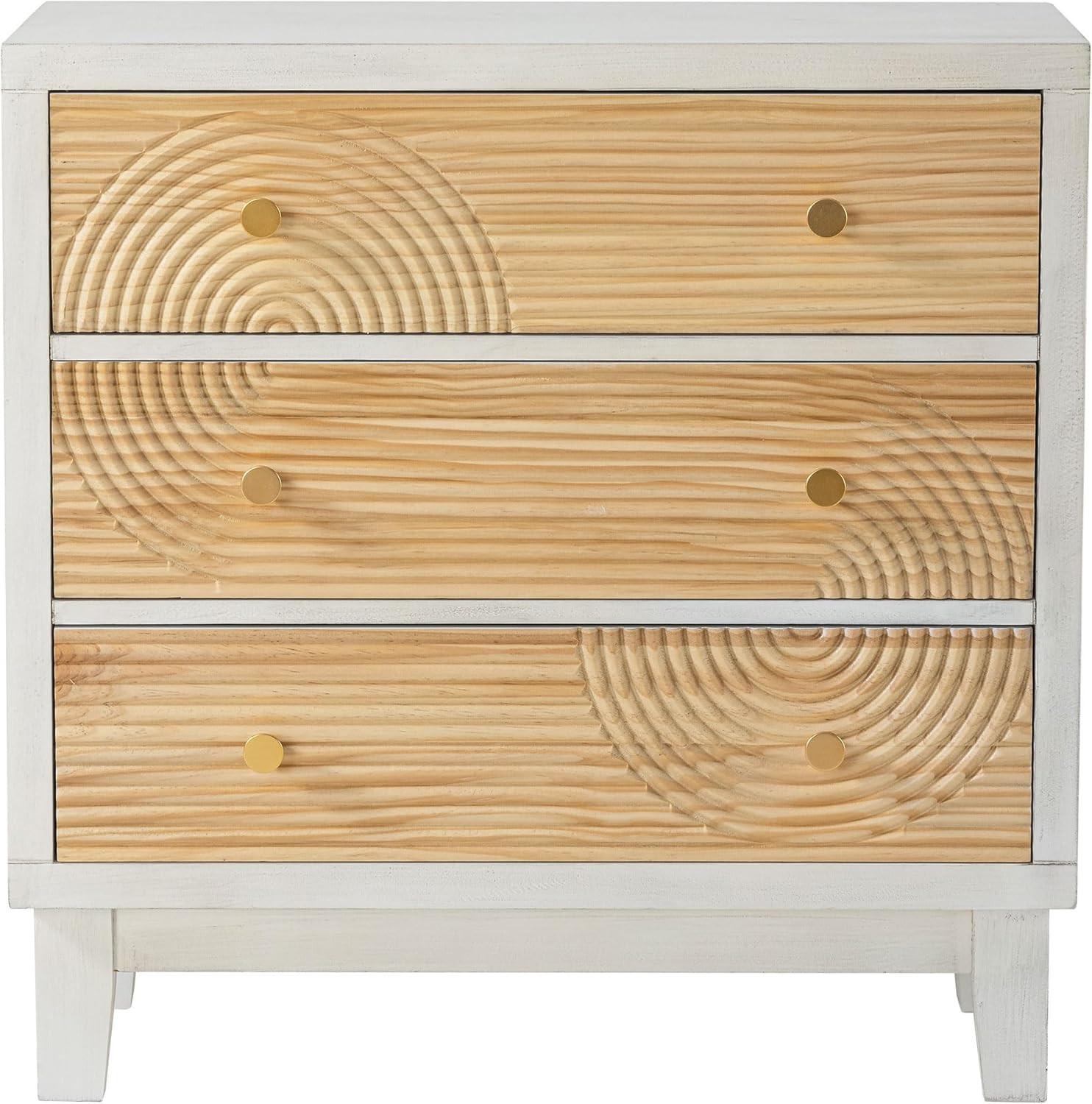 3-Drawer White Farmhouse Dresser with Rustic Wood Ring Motif, Fully Assembled