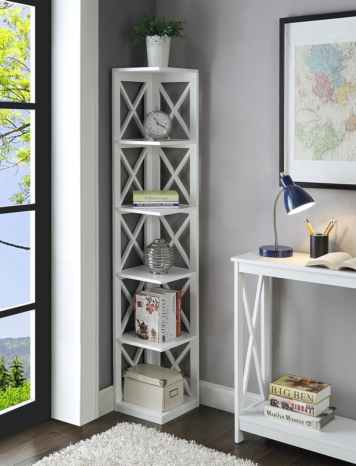 Stylish Oxford White Corner Bookcase & End Table Set for Modern Spaces
