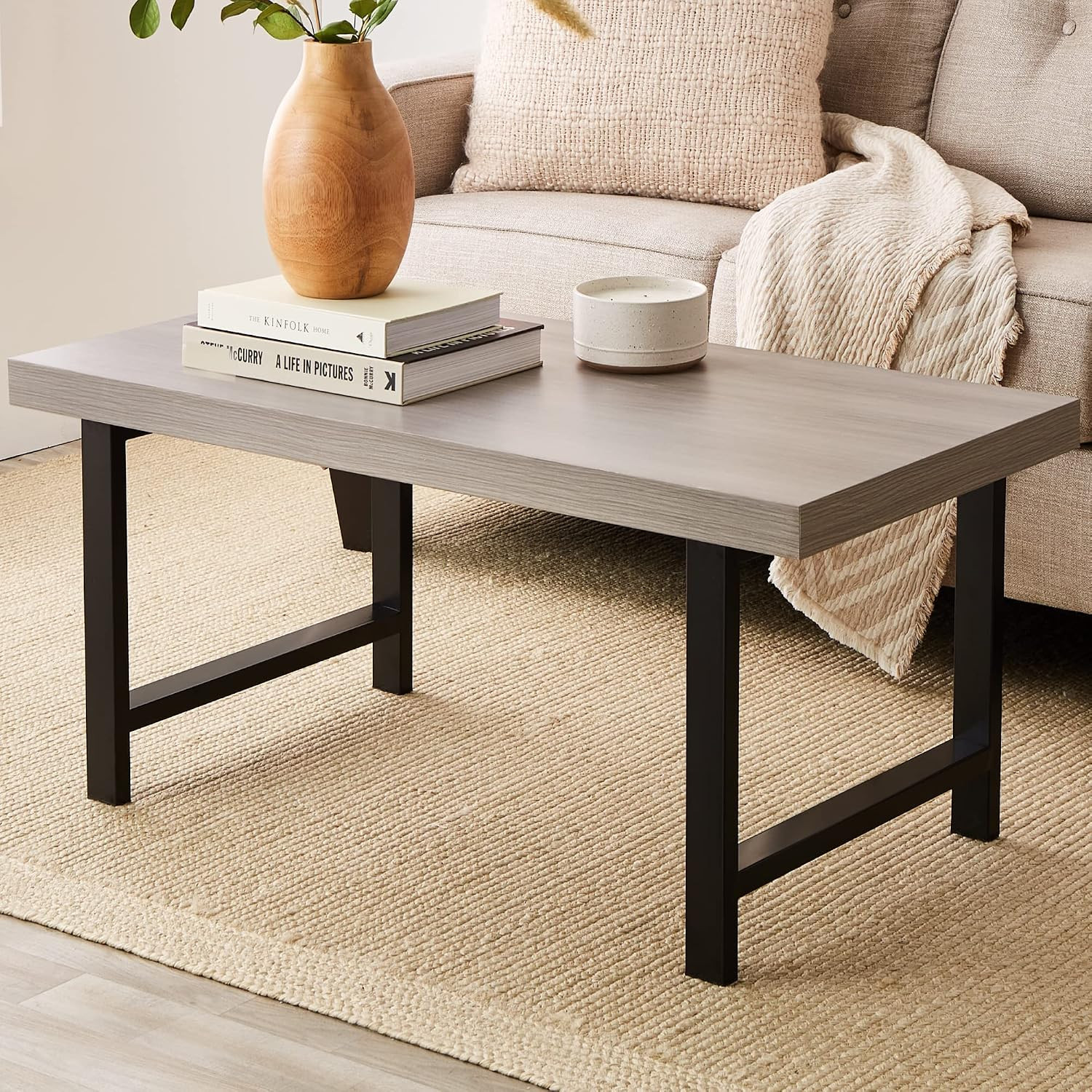 44In Modern Coffee Table Butcher Block Top Large Accent Table, Rectangular Wood