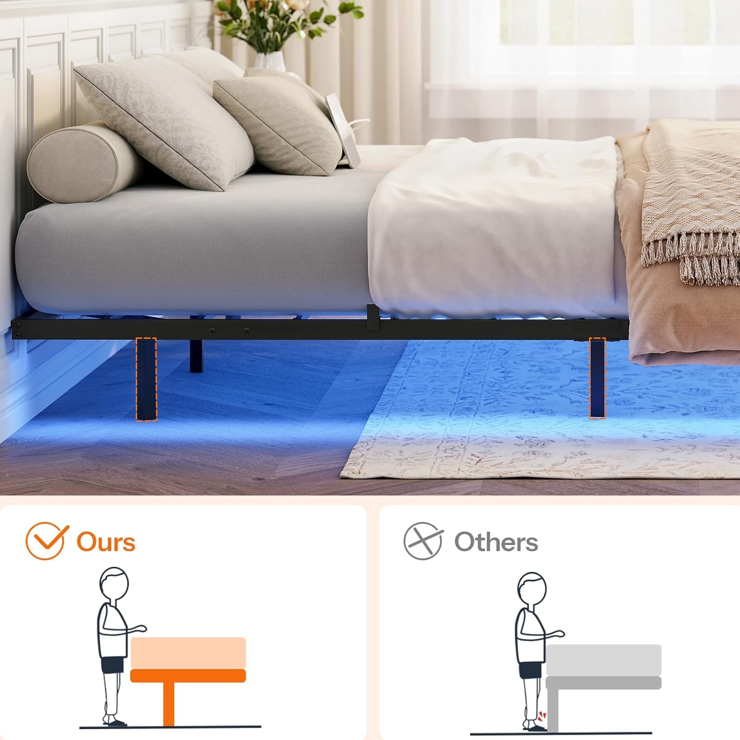 Full Size Floating Bed Frame with LED Lights Charging Ports Metal Platform Black