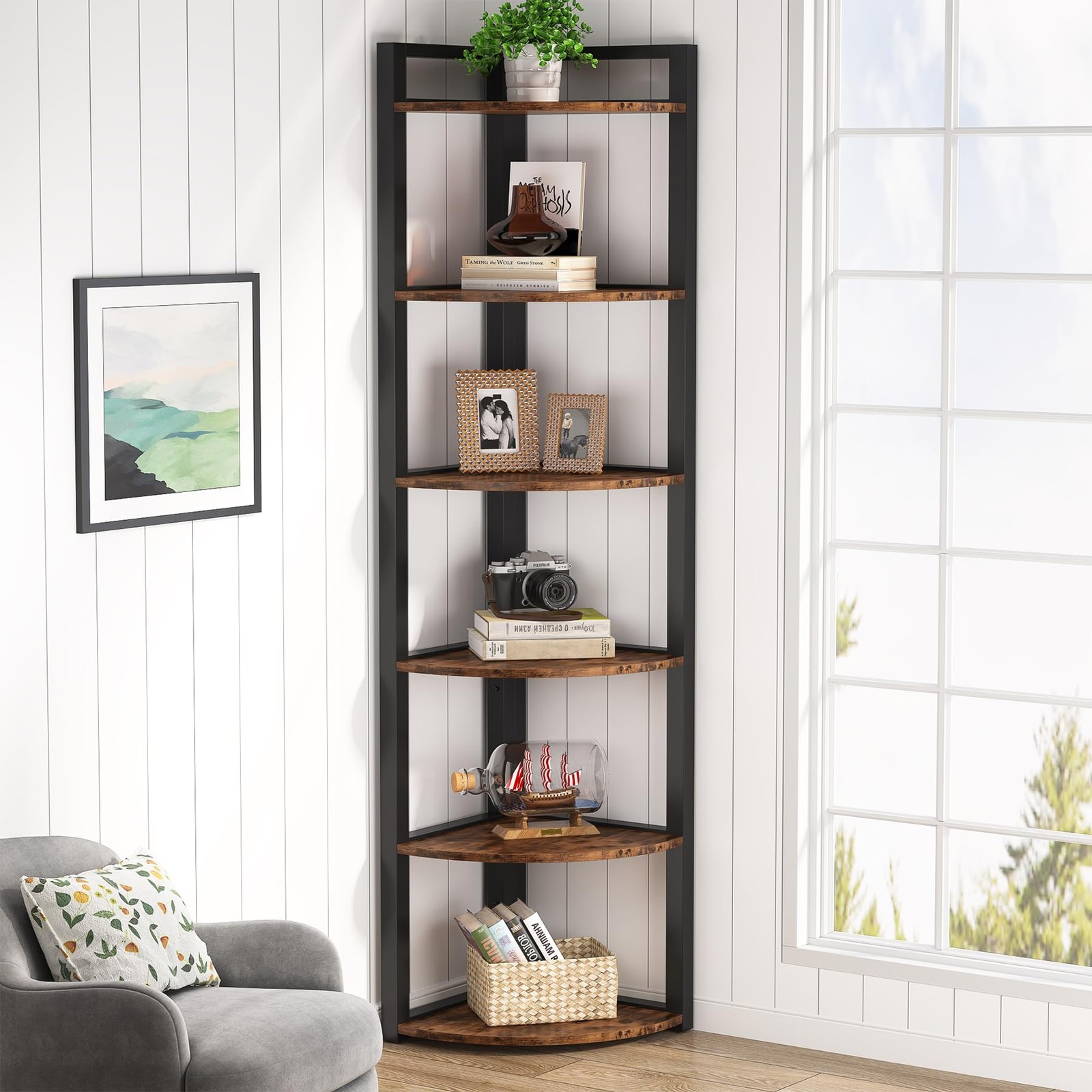 6 Tier Corner Shelf, 70.9 Inch Tall Corner Bookshelf Small Bookcase Rustic Co…