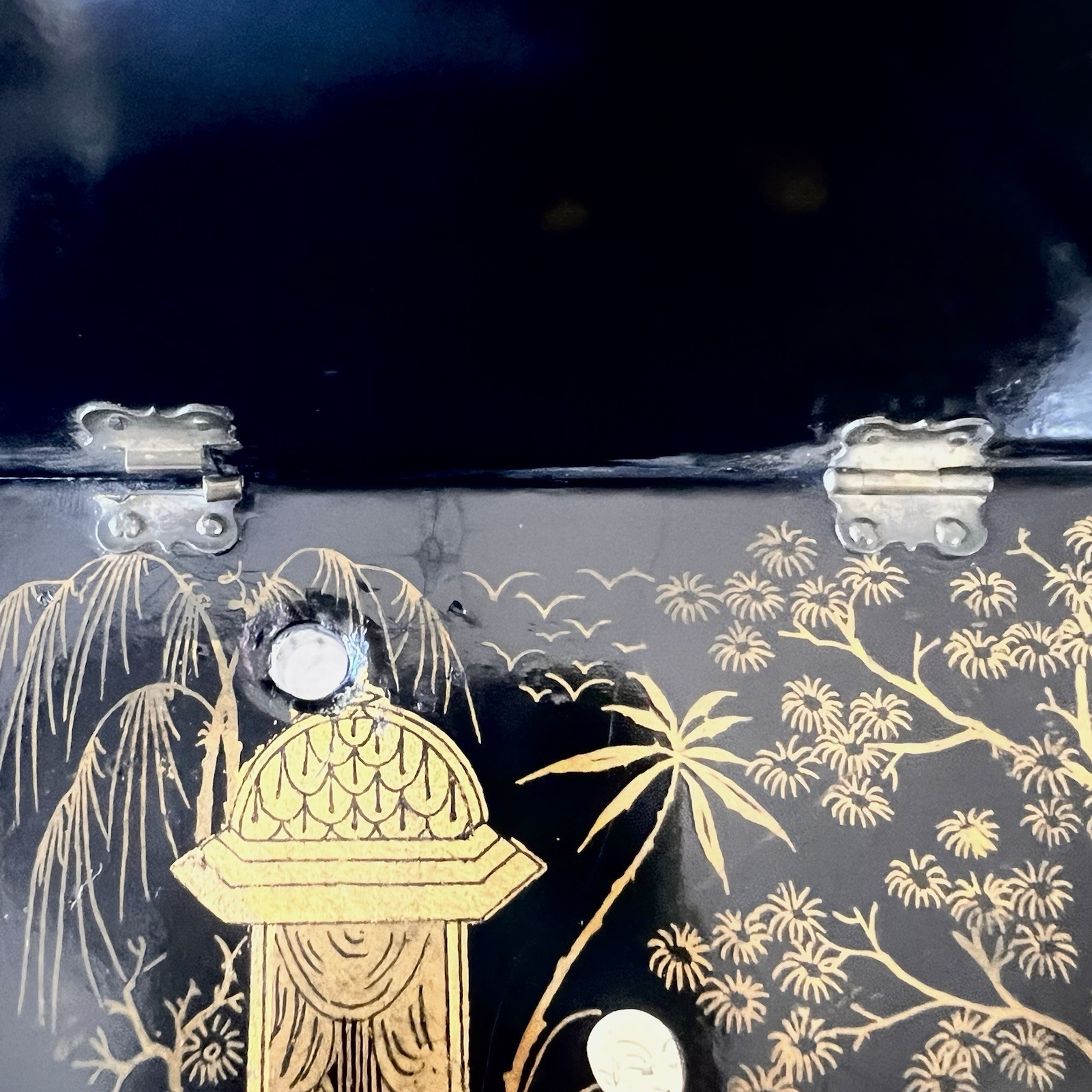 Chinoiserie Corner Wall Shelf Black Lacquer Hand Painted Gold Garden Scene 1960s