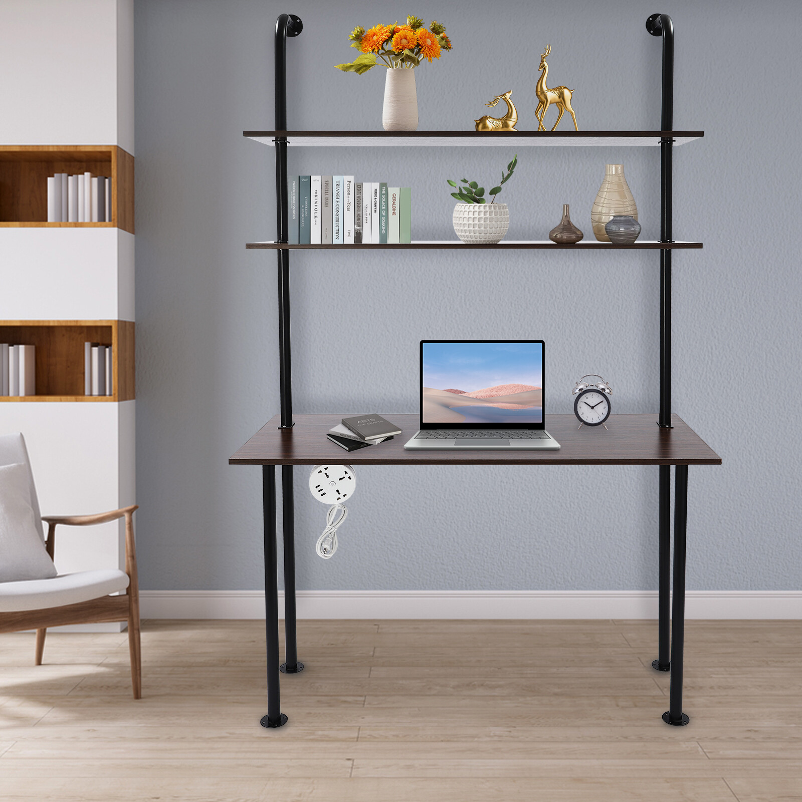 Wall Mounted Table Standing Desk Computer Laptop Desk W/Power Strip Modern Black