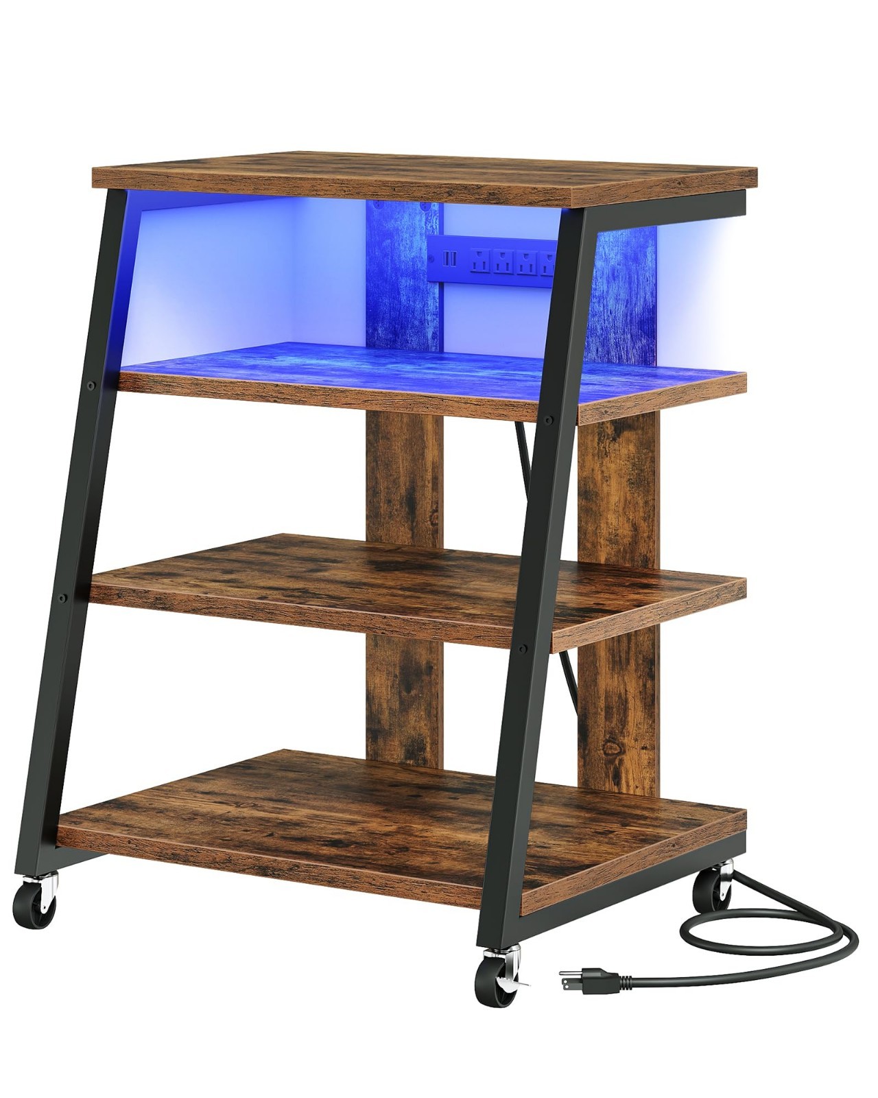 4-Tier Media Stand with Wheels, LED Lights, Power Strips, Rustic Audio Rack