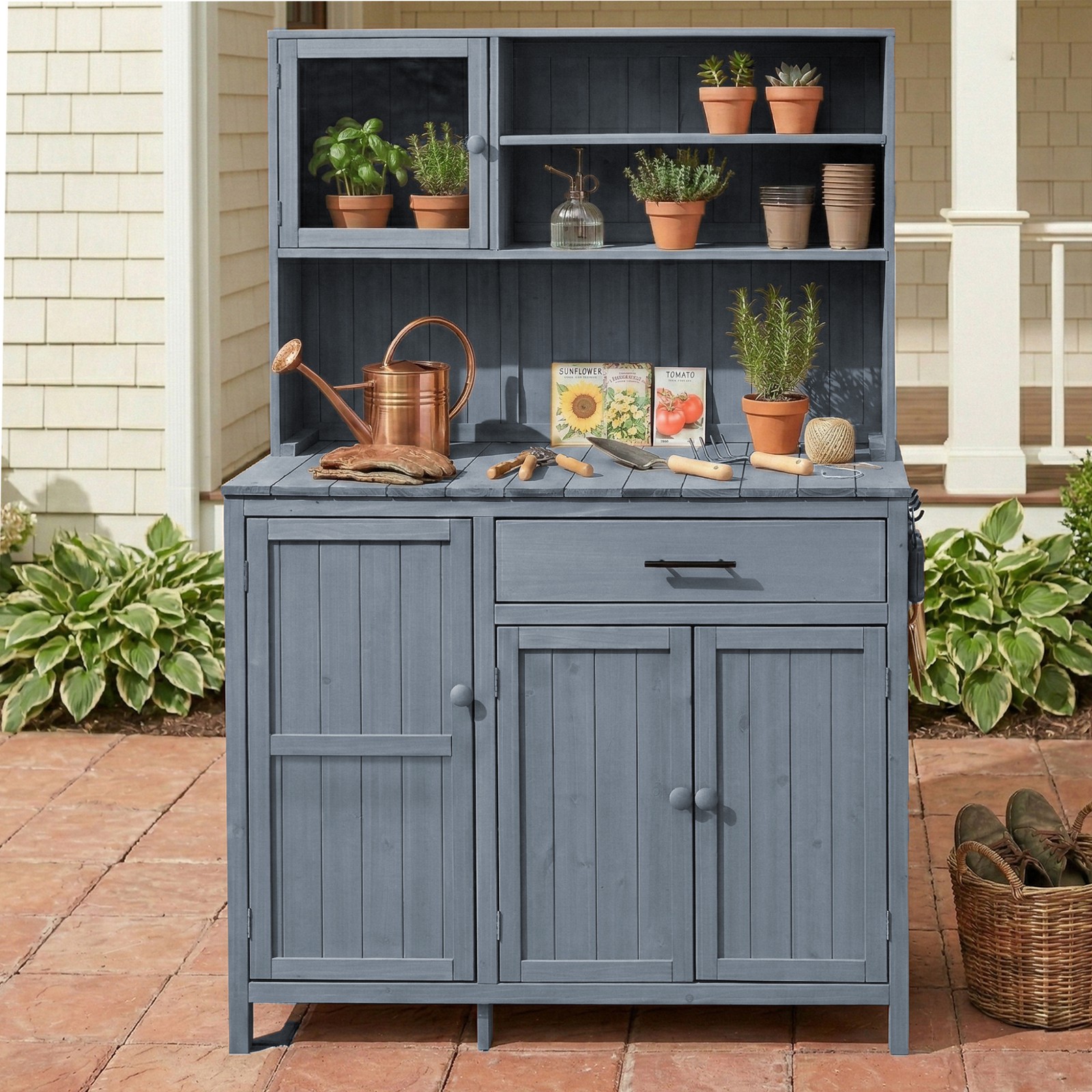 Potting Bench with Hutch 65″ Solid Fir Wood Garden Workstation Gray