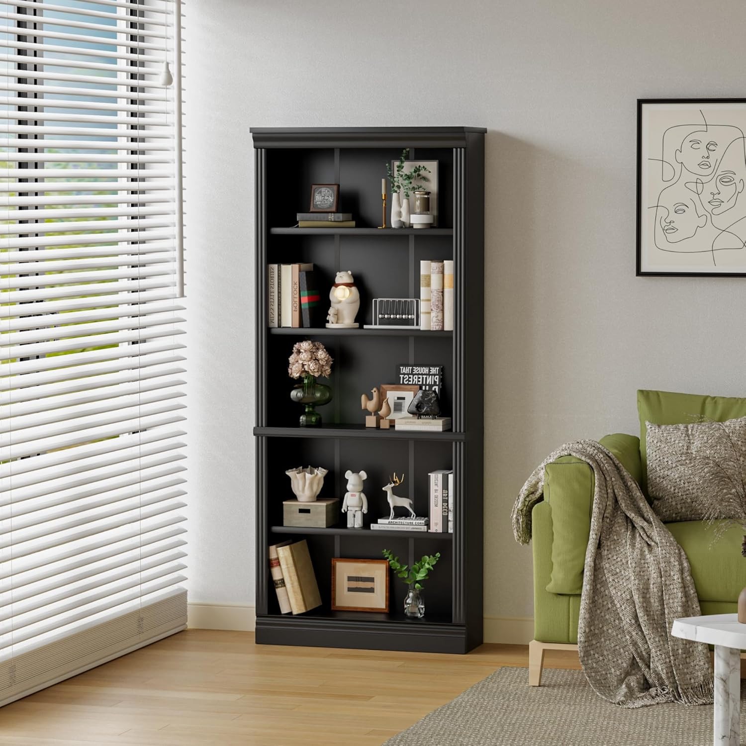 72″ Tall 5-Tier Wood Bookcase – Stylish Black Bookshelf for Home & Office