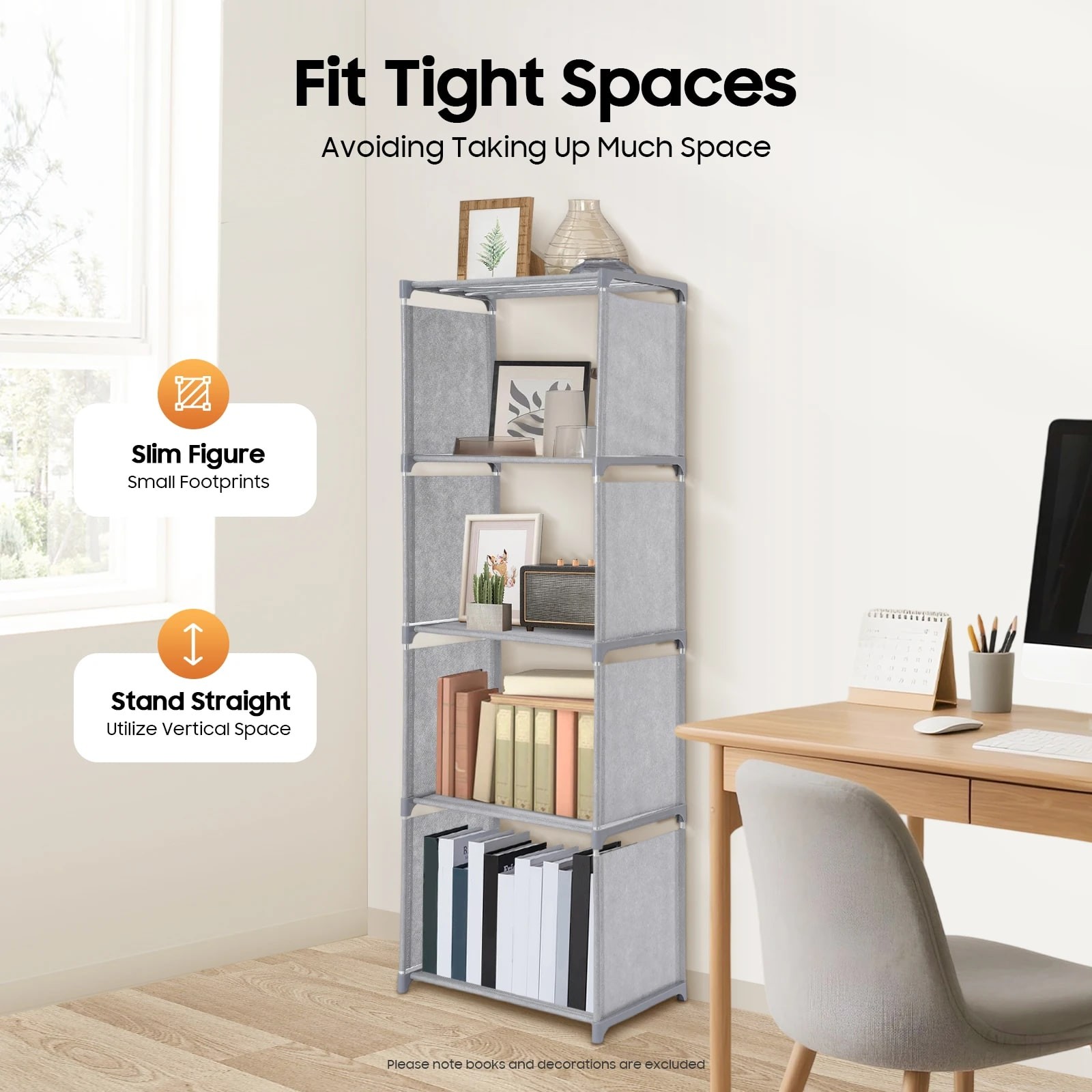 4-Tier Narrow Floor Bookshelf Gray Open Shelving Bookcase Organizer