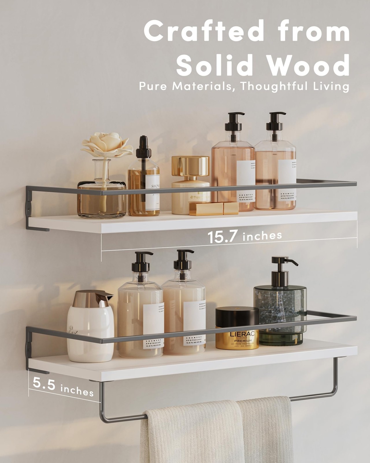 White Grey Wall Mounted Bathroom Floating Shelves Organizer 15.7 Inch 3 PCS