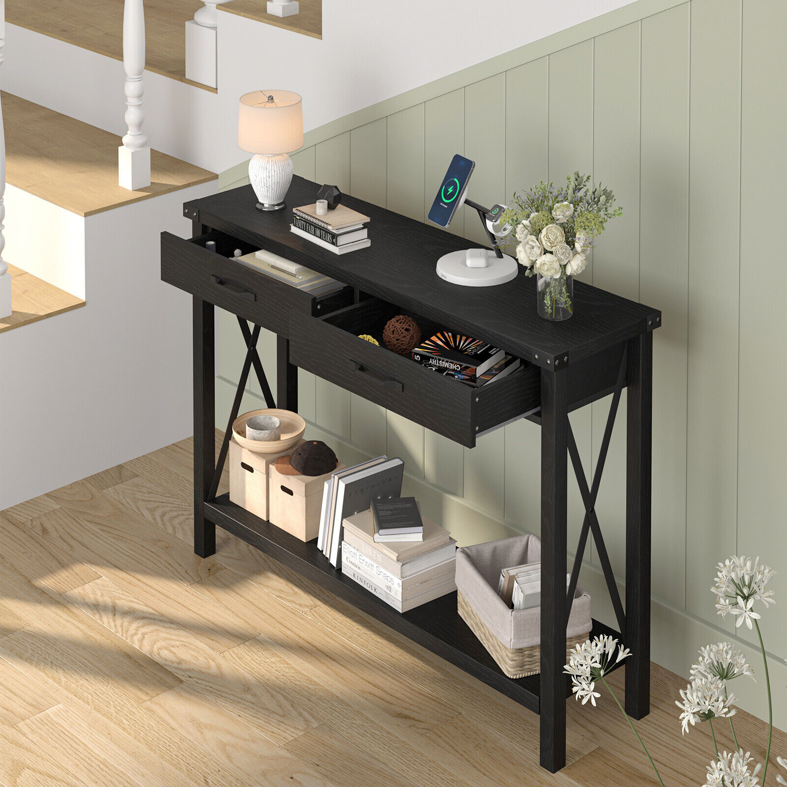 Console Table with 2 Drawers, Farmhouse Sofa Table with Storage Shelf Black