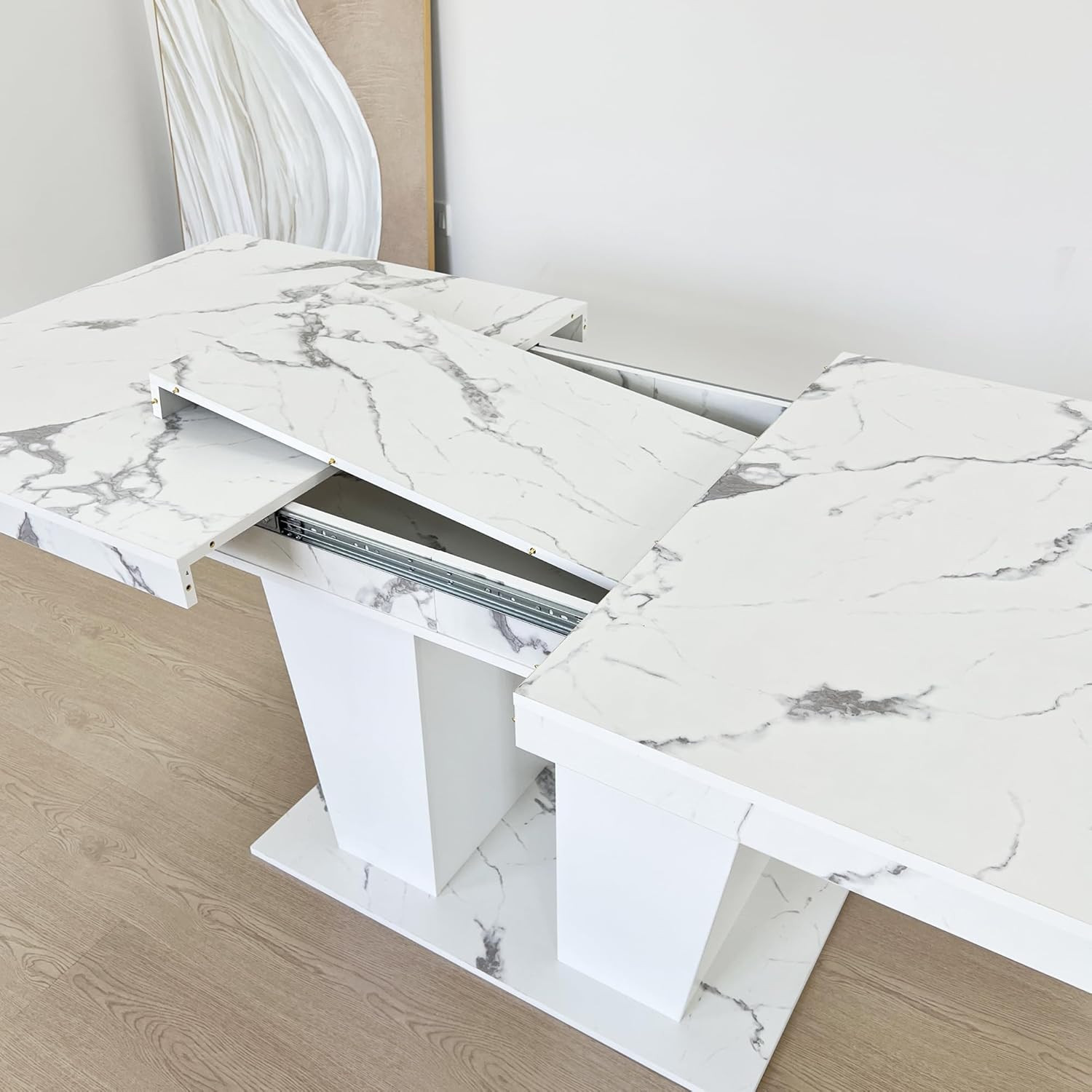 Extendable White Marble Dining Table for 6-10, Modern Rectangular Design