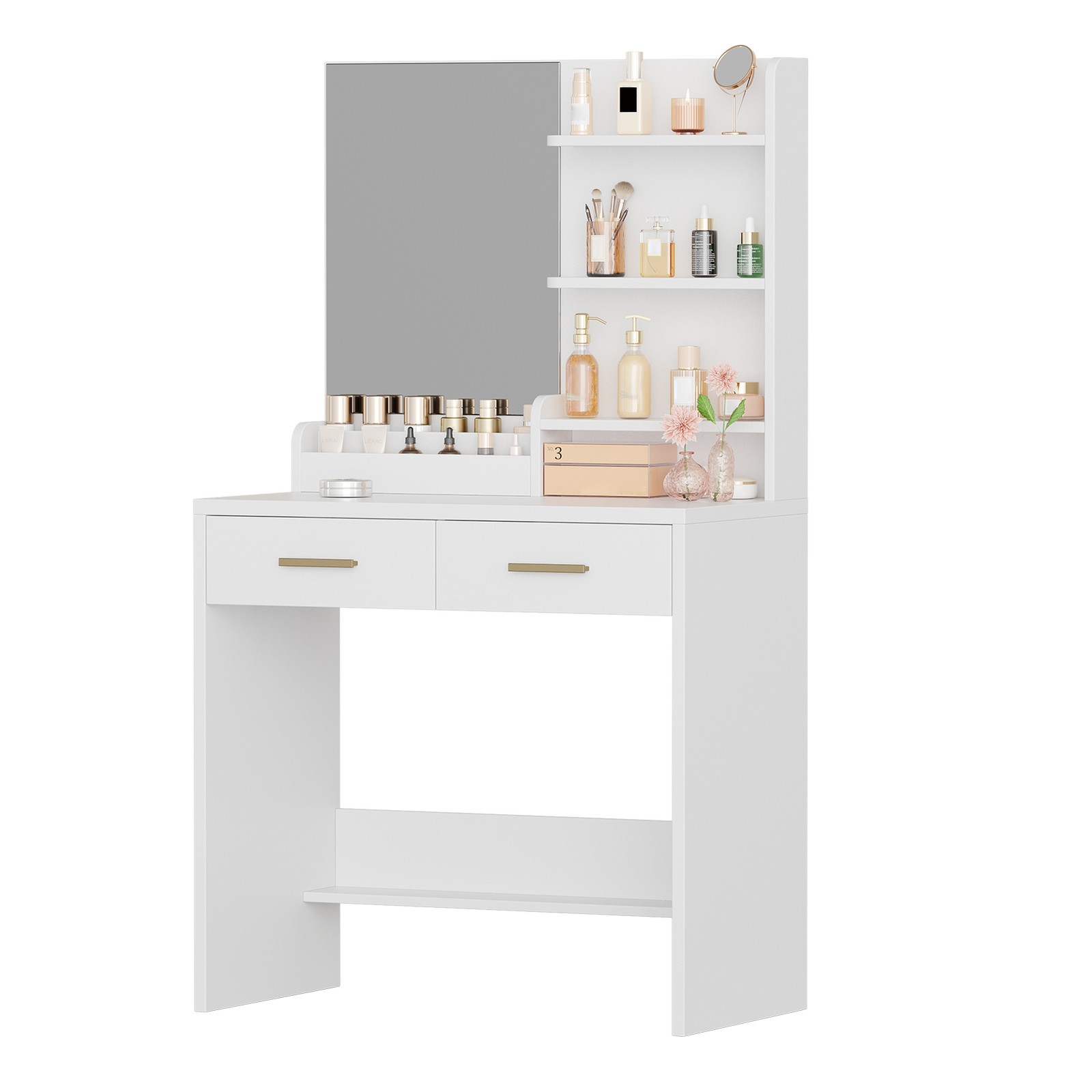 Vanity Table With Mirror 2 Drawers 3 Open Shelves Elegant White Makeup Desk For