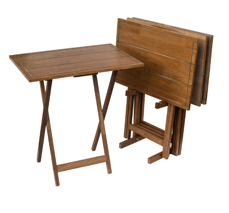 XL Folding TV Tray Table Set of 4 with Storage Rack Walnut Finish Farmhouse