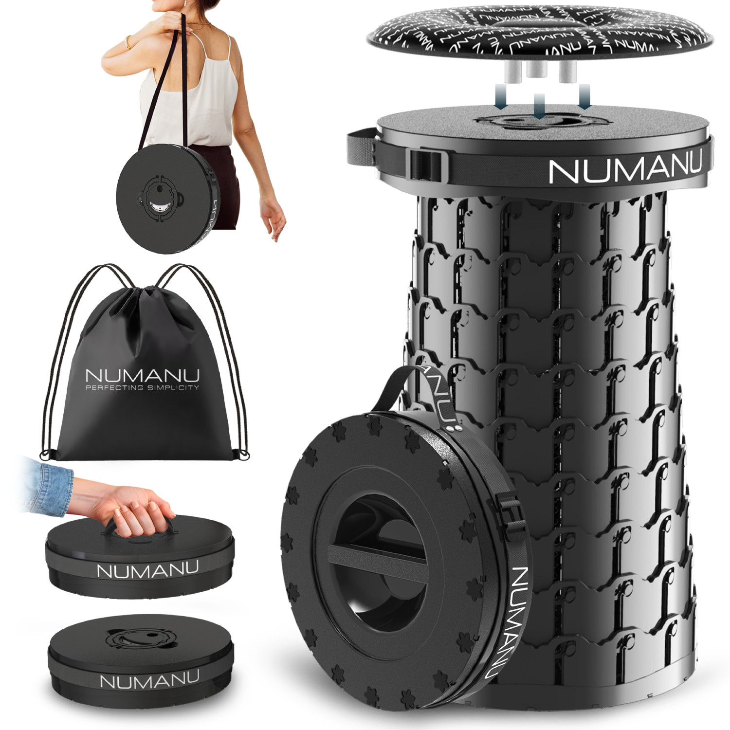 NUMANU 19.7″ XXL Taller & Wider Collapsible Stool, Seat Cushion & Carry Bag