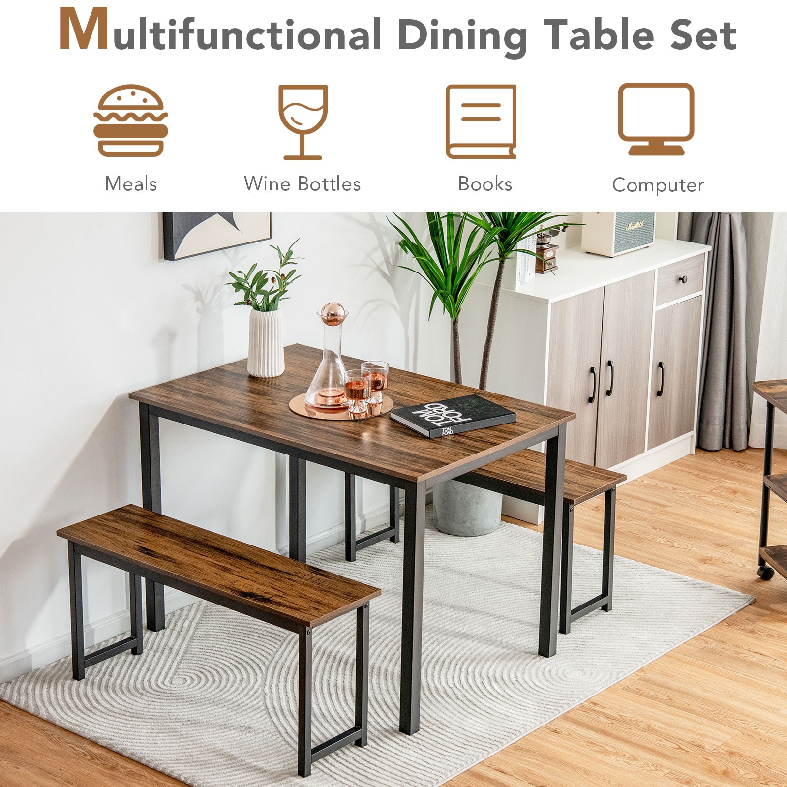 Topbuy 3pcs Dining Table Set for 4 Modern Industrial Counter Height Kitchen