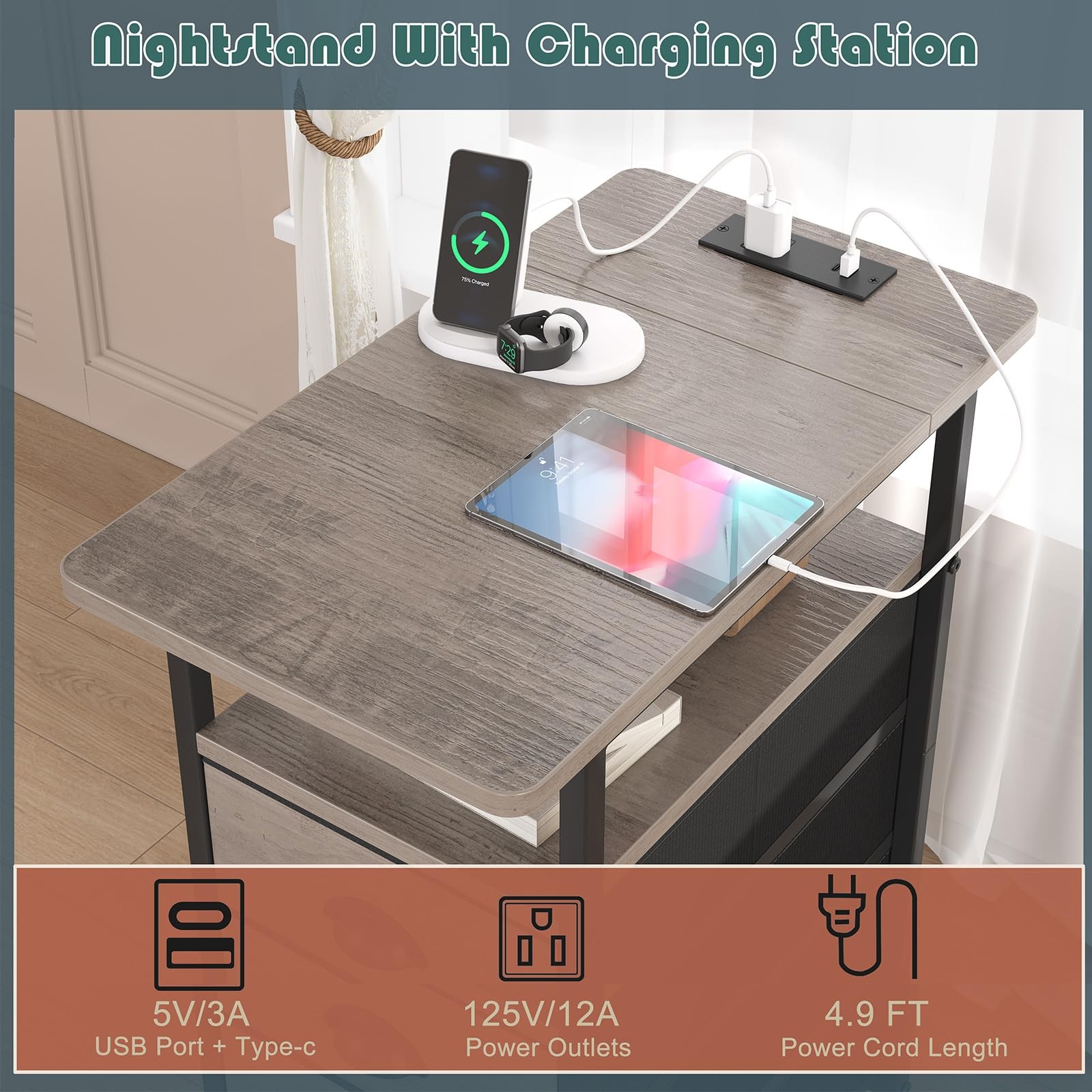 sthmec End Table with Charging Station, Side 11.75” W*21” D* 24.3” H, Grey