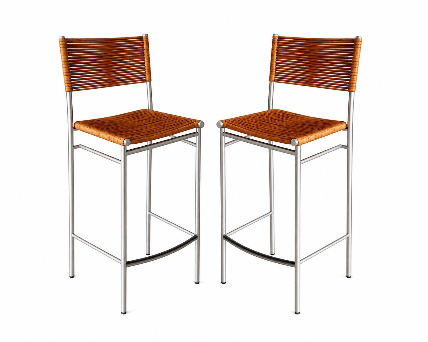 Pair of Tito Agnoli Bar Stools for Pierantonio Bonacina Stainless Steel Rattan